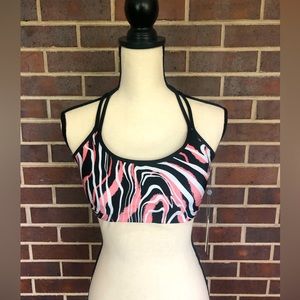 NWT DKNY Women's Printed Dizzy Strappy Sports Bra Size Medium New Pink Black